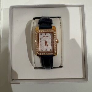 Folli Follie Crystal-Trim Rectangular Watch in dark navy and Gold